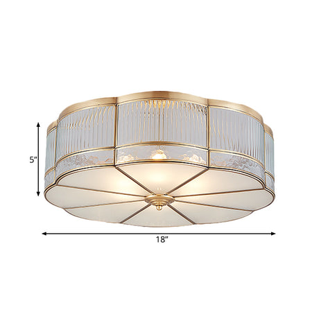 Ribbed Glass Gold Ceiling Flush Mount Lamp - Clover Design With 3/4 Heads Available In 14 Or 18