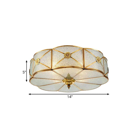 Brass Colonial Scallop Ceiling Light - Bedroom Chandelier With Seeded Glass Flush Mount 3/4/6 Bulbs