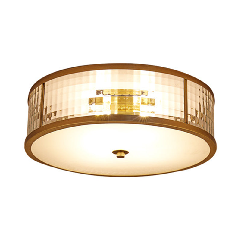 Colonial Brass Drum Ceiling Mount Light Fixture With Frosted Crystal Glass For Bedroom - 3/4/5