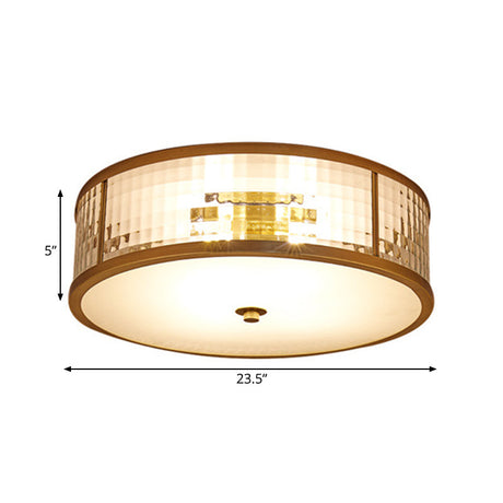 Colonial Brass Drum Ceiling Mount Light Fixture With Frosted Crystal Glass For Bedroom - 3/4/5