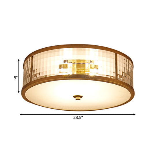Colonial Brass Drum Ceiling Mount Light Fixture With Frosted Crystal Glass For Bedroom - 3/4/5