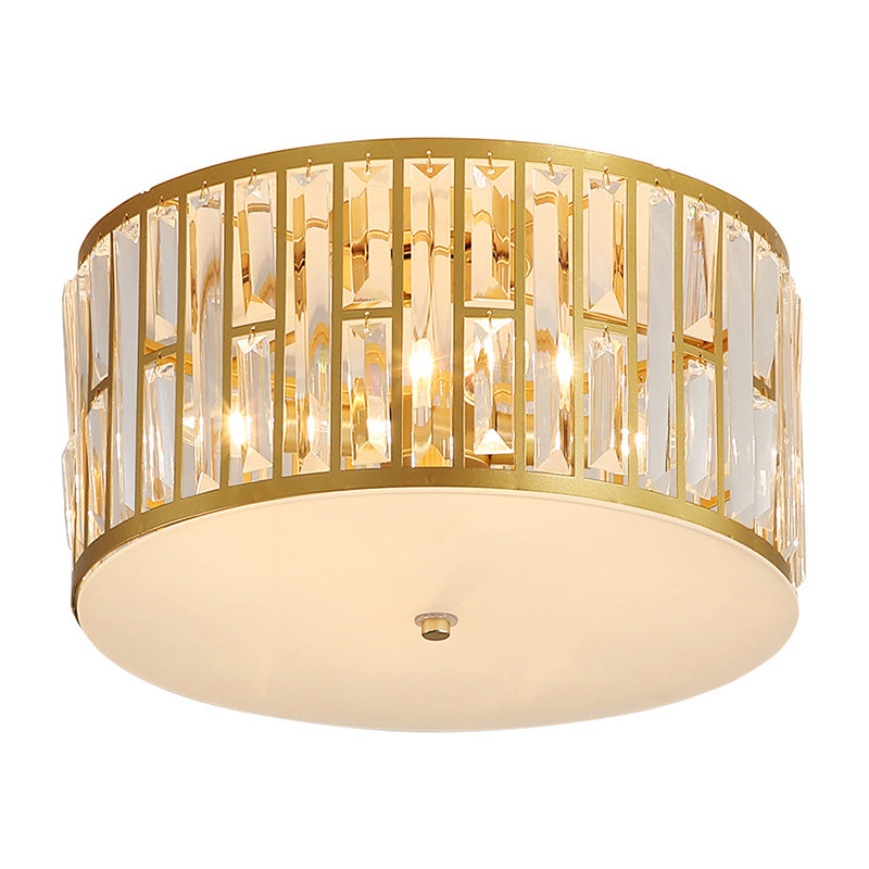 Modern Cut Crystal Gold Drum Flush Mount Ceiling Light With Opal Glass Diffuser - 5 Bulbs 3 Sizes