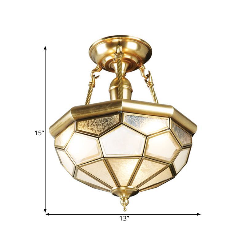 Brass Semi Flush Mount Sandblasted Glass Dome Ceiling Fixture For Dining Room- 3/4 Heads