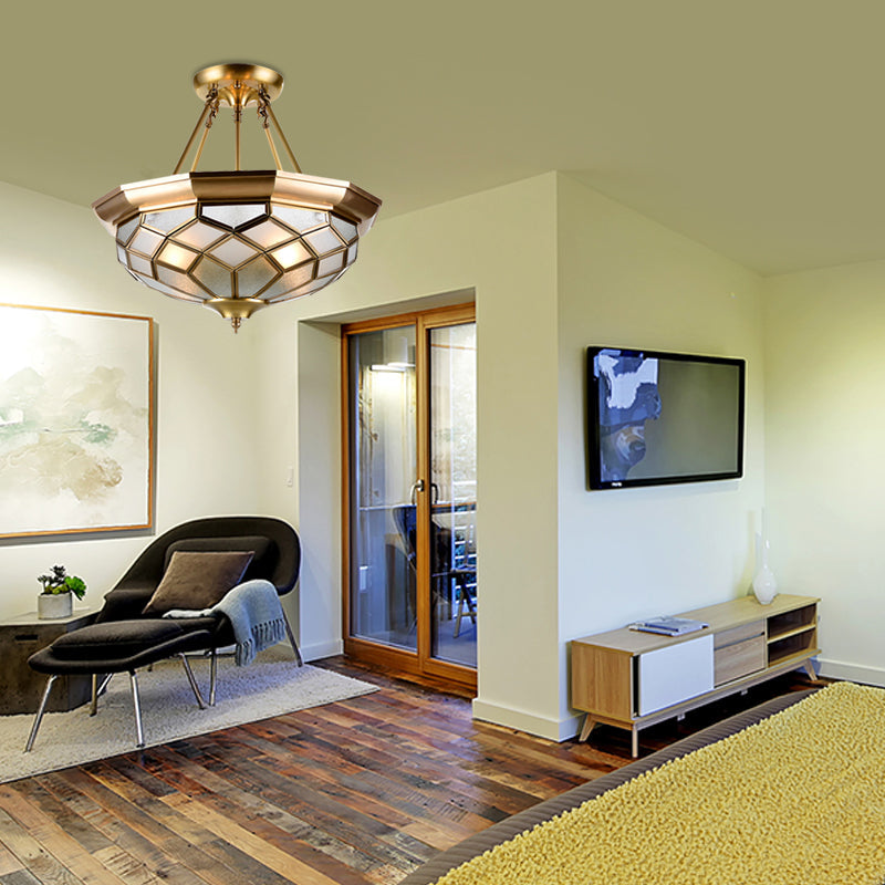 Brass Semi Flush Mount Sandblasted Glass Dome Ceiling Fixture For Dining Room- 3/4 Heads