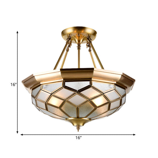 Brass Semi Flush Mount Sandblasted Glass Dome Ceiling Fixture For Dining Room- 3/4 Heads