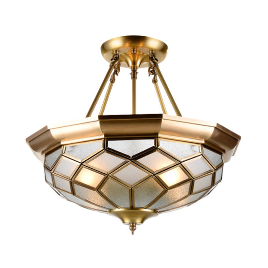 Semi - Mounted Brass Ceiling Light With Seeded Glass For Dining Room - Colonial Dome Design 4 Bulbs