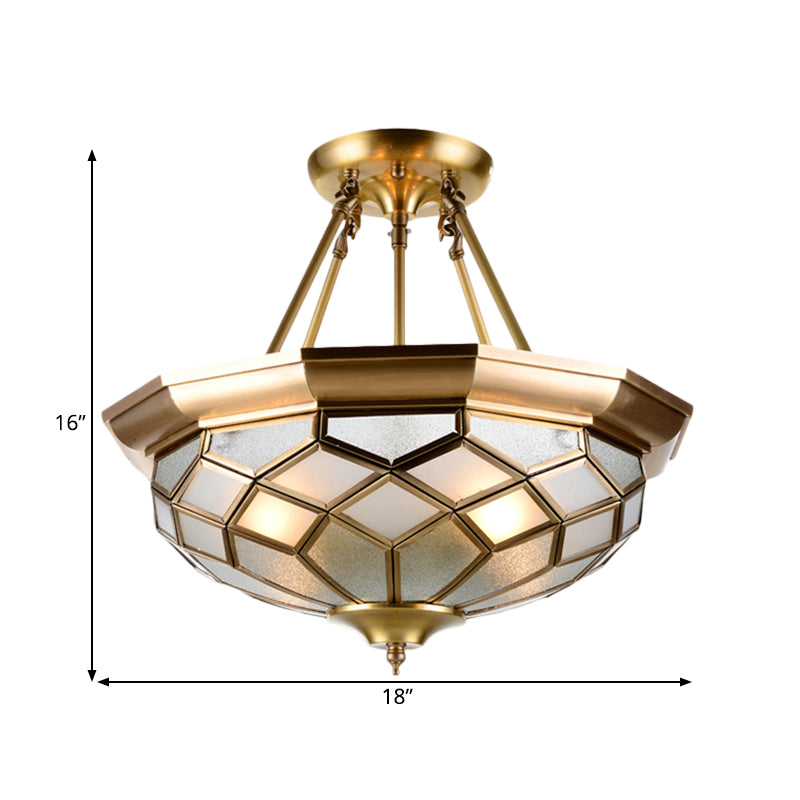 Semi - Mounted Brass Ceiling Light With Seeded Glass For Dining Room - Colonial Dome Design 4 Bulbs