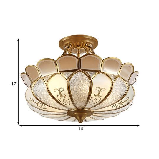 Colonial Brass Dining Room Ceiling Light Fixture - Scalloped Semi - Flush Mount Opaque Glass 4 Bulbs