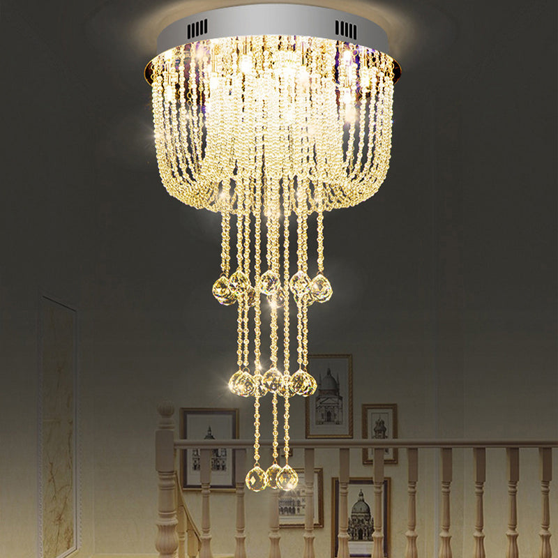 Contemporary Beaded Crystal Led Flush Light Fixture - Nickel Mount Ceiling Lighting For Living Room