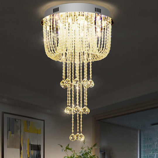 Contemporary Beaded Crystal Led Flush Light Fixture - Nickel Mount Ceiling Lighting For Living Room