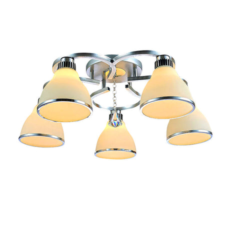 Modern Crystal 5-Light Cone Semi Flush Ceiling Light In Chrome With Opal Glass Shade For Living Room