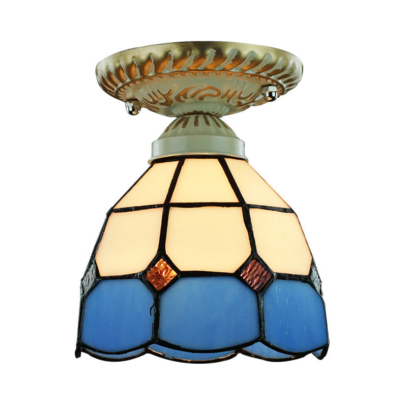 Vintage Stained Glass Dome Ceiling Light Fixture In Orange/Blue For Hallway