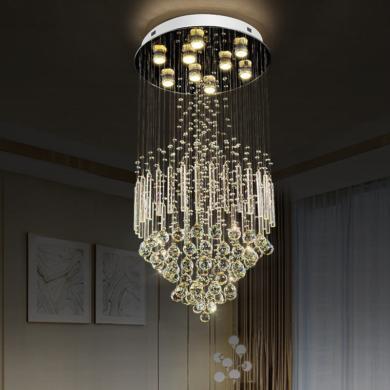 Clear Crystal Conical Flush Mount With 9 Lights - Minimalist White Light For Living Room