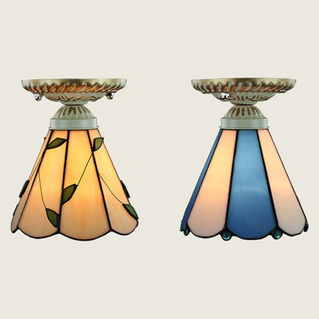 Vintage Conic Stained Glass Ceiling Light In Blue/Beige For Hallway