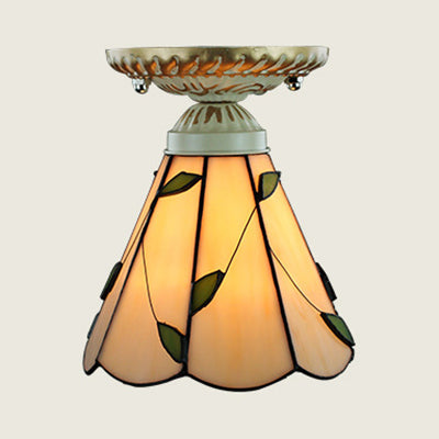 Vintage Conic Stained Glass Ceiling Light In Blue/Beige For Hallway