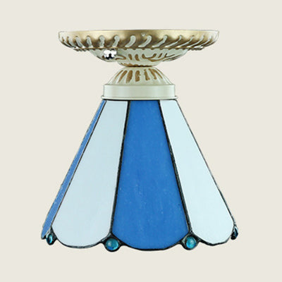 Vintage Conic Stained Glass Ceiling Light In Blue/Beige For Hallway