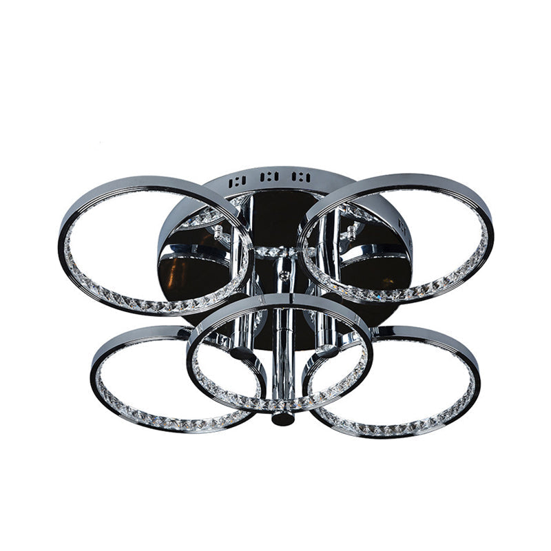 Minimalist Silver Circle Crystal Led Semi Flush Mount Light For Living Room - Warm/White Glow