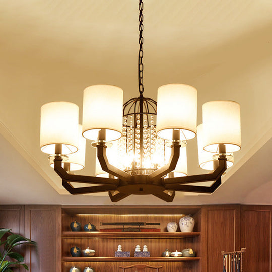 Modern Drum Crystal Chandelier - 9/12 Lights White Fabric Shade