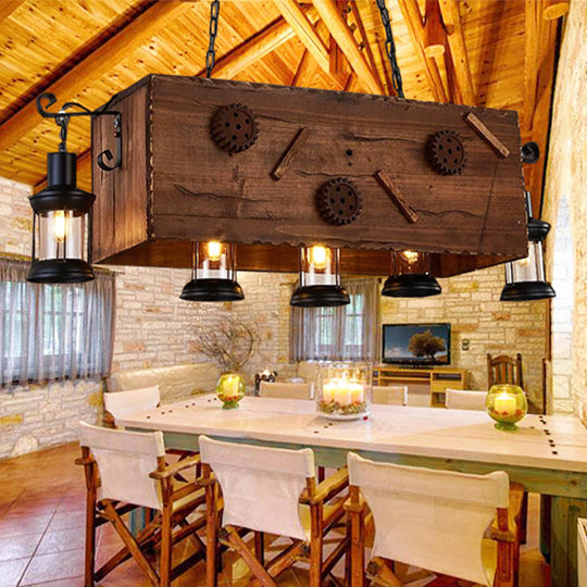 Retro Style Wood And Metal Chandelier: Rectangle Kitchen Light 5 Lights Brown Lantern Shade