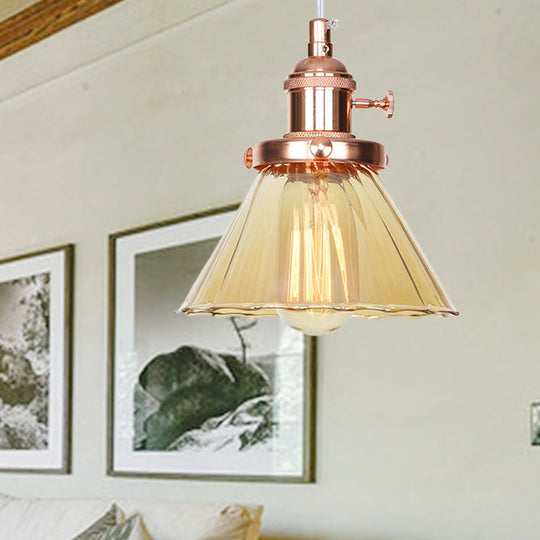 Height-Adjustable 1-Light Industrial Conic Pendant Lamp With Amber/Clear Glass For Coffee Shops -