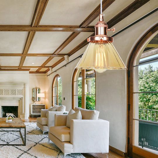 Height-Adjustable 1-Light Industrial Conic Pendant Lamp With Amber/Clear Glass For Coffee Shops -