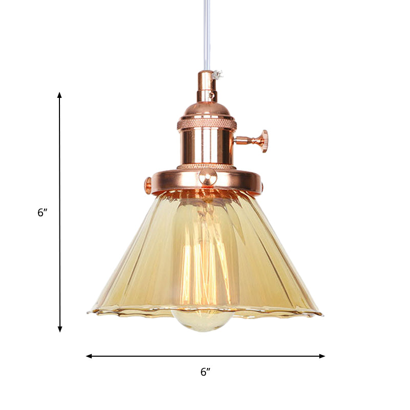 Height-Adjustable 1-Light Industrial Conic Pendant Lamp With Amber/Clear Glass For Coffee Shops -