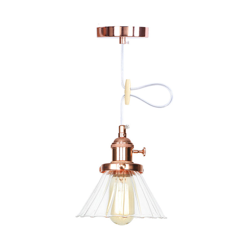 Height-Adjustable 1-Light Industrial Conic Pendant Lamp With Amber/Clear Glass For Coffee Shops -