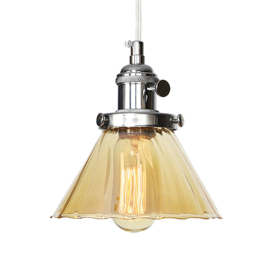 Height-Adjustable 1-Light Industrial Conic Pendant Lamp With Amber/Clear Glass For Coffee Shops -