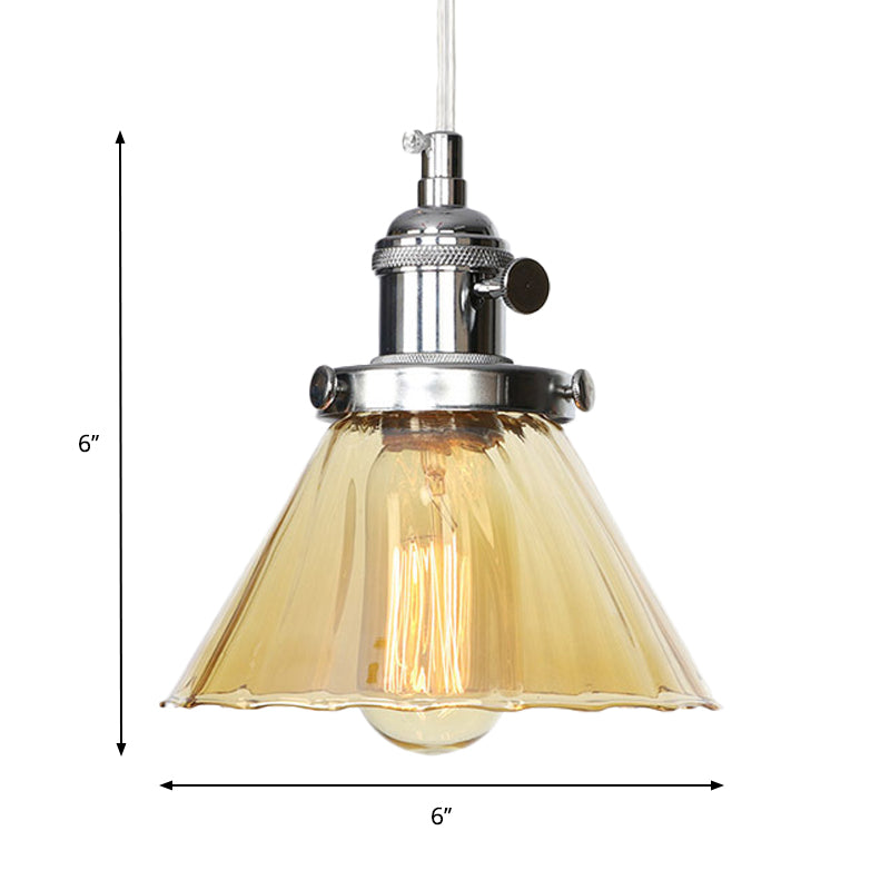 Height-Adjustable 1-Light Industrial Conic Pendant Lamp With Amber/Clear Glass For Coffee Shops -