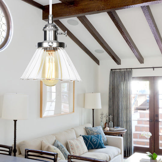 Height-Adjustable 1-Light Industrial Conic Pendant Lamp With Amber/Clear Glass For Coffee Shops -