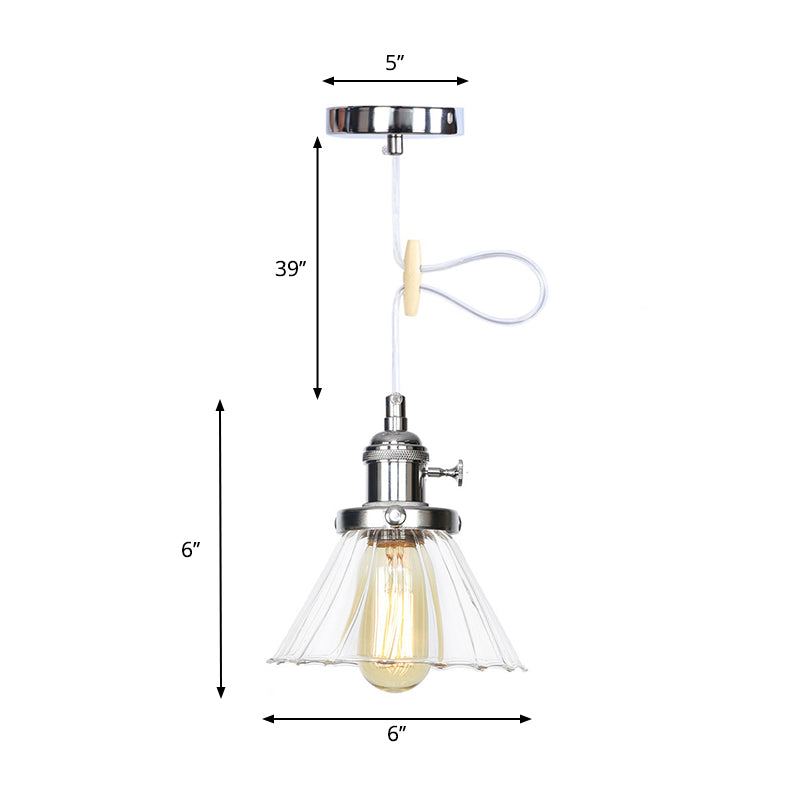 Height-Adjustable 1-Light Industrial Conic Pendant Lamp With Amber/Clear Glass For Coffee Shops -