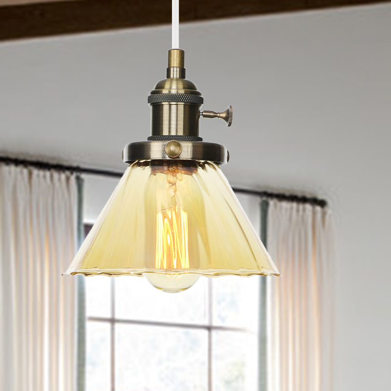 Height-Adjustable 1-Light Industrial Conic Pendant Lamp With Amber/Clear Glass For Coffee Shops -