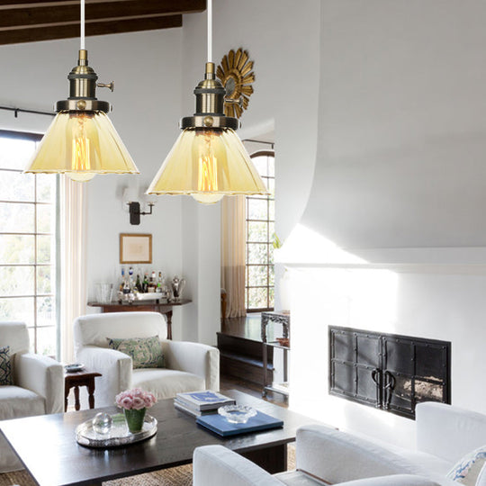 Height-Adjustable 1-Light Industrial Conic Pendant Lamp With Amber/Clear Glass For Coffee Shops -