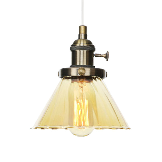 Height-Adjustable 1-Light Industrial Conic Pendant Lamp With Amber/Clear Glass For Coffee Shops -