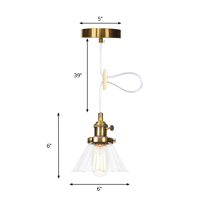 Height-Adjustable 1-Light Industrial Conic Pendant Lamp With Amber/Clear Glass For Coffee Shops -