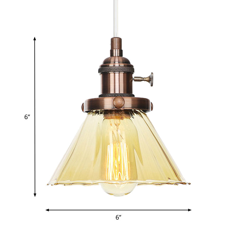 Height-Adjustable 1-Light Industrial Conic Pendant Lamp With Amber/Clear Glass For Coffee Shops -