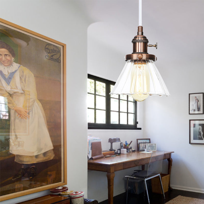 Height-Adjustable 1-Light Industrial Conic Pendant Lamp With Amber/Clear Glass For Coffee Shops -