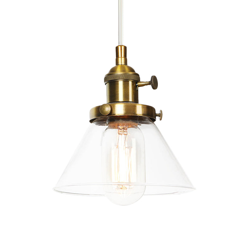 Vintage Style Conical Hanging Pendant Light With Amber/Clear Glass And Metal Head In