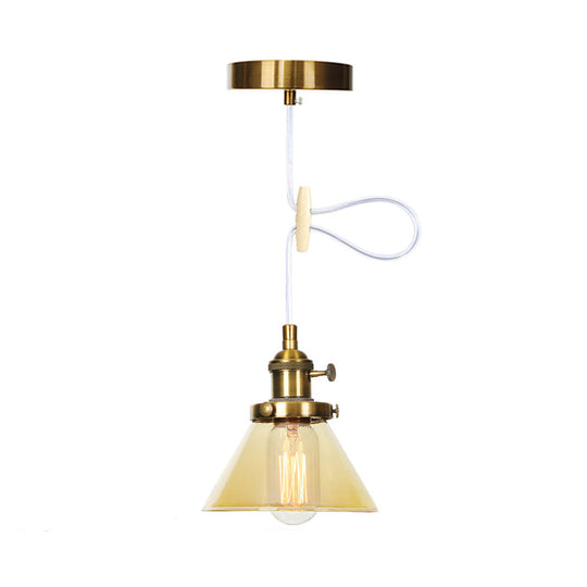 Vintage Style Conical Hanging Pendant Light With Amber/Clear Glass And Metal Head In