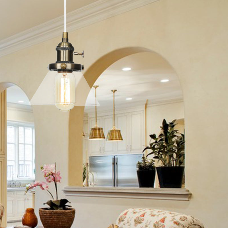 Vintage Style Conical Hanging Pendant Light With Amber/Clear Glass And Metal Head In