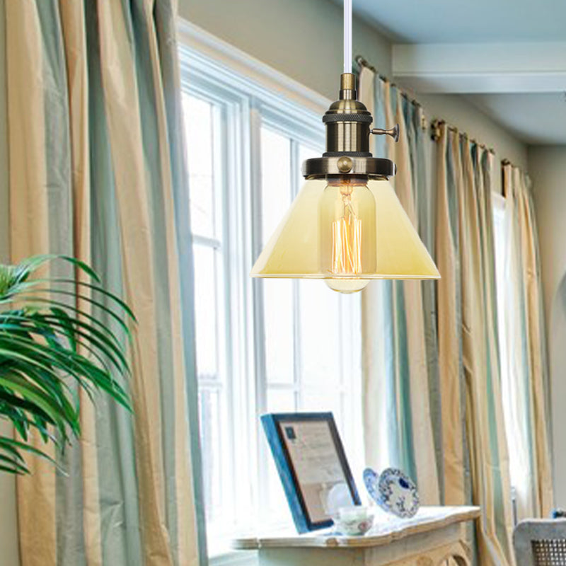 Vintage Style Conical Hanging Pendant Light With Amber/Clear Glass And Metal Head In