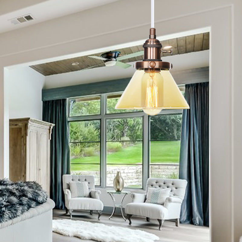 Vintage Style Conical Hanging Pendant Light With Amber/Clear Glass And Metal Head In