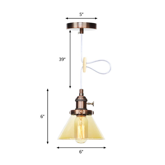 Vintage Style Conical Hanging Pendant Light With Amber/Clear Glass And Metal Head In