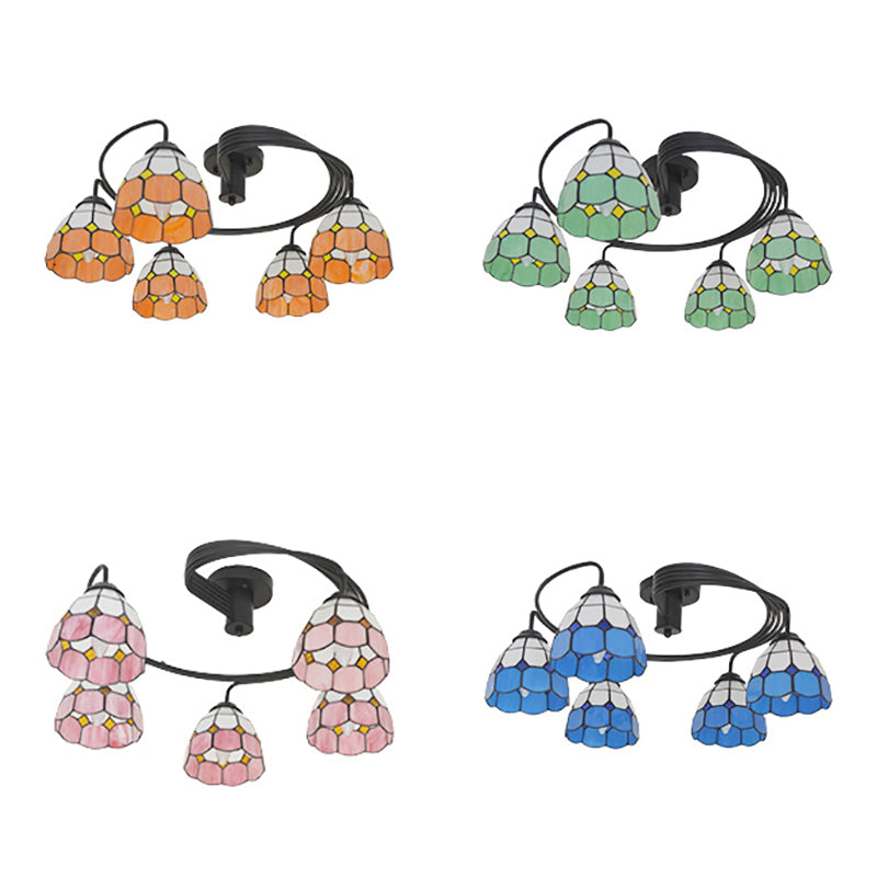 Tiffany Vintage Stained Glass Semi Flush Light Fixture - 3/5-Light Bowl Design For Bedroom Décor