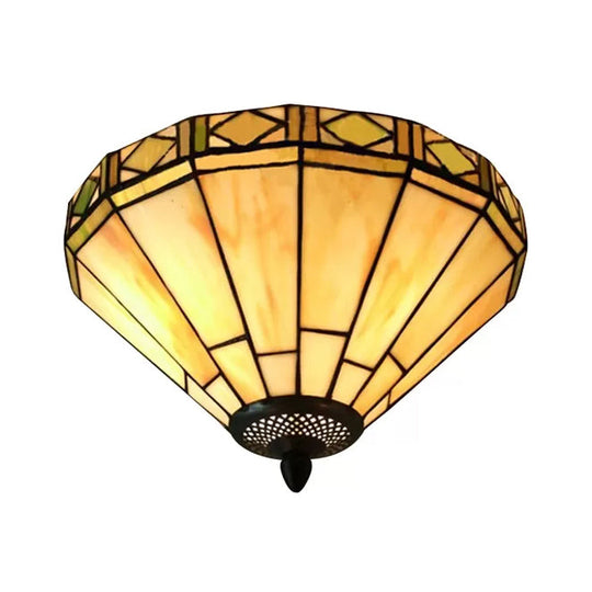 White Stained Glass Ceiling Light 2-Light Medium Flush Mount With Tiffany Style Cone Shade