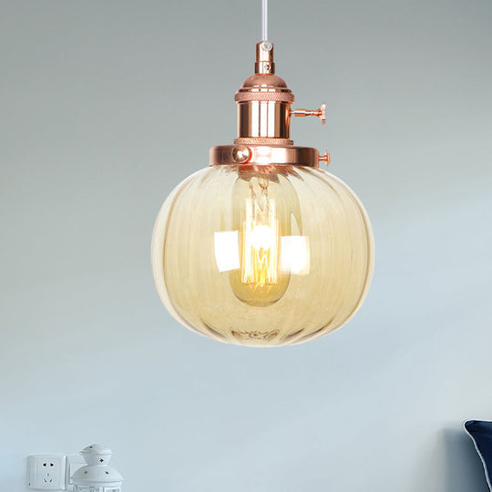 Vintage Style Amber/Clear Ridged Glass Pendant Light Fixture - 1 Adjustable Living Room Ceiling