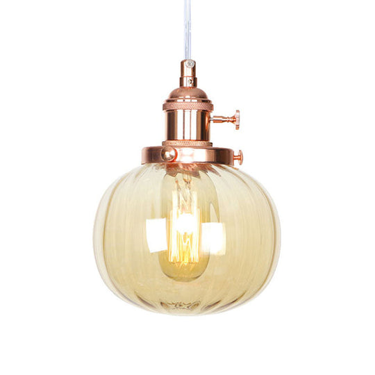 Vintage Style Amber/Clear Ridged Glass Pendant Light Fixture - 1 Adjustable Living Room Ceiling
