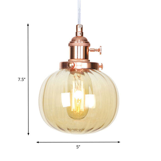 Vintage Style Amber/Clear Ridged Glass Pendant Light Fixture - 1 Adjustable Living Room Ceiling