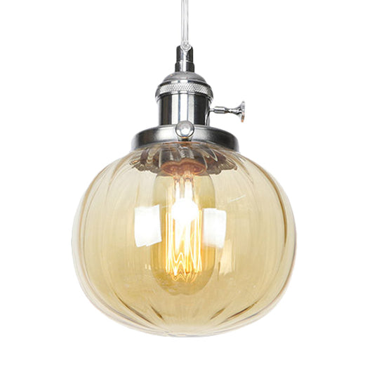 Vintage Style Amber/Clear Ridged Glass Pendant Light Fixture - 1 Adjustable Living Room Ceiling
