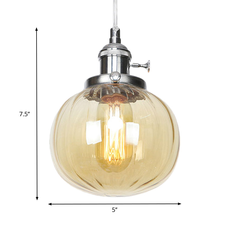 Vintage Style Amber/Clear Ridged Glass Pendant Light Fixture - 1 Adjustable Living Room Ceiling